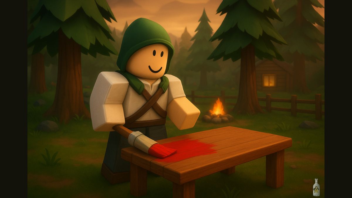 A close-up, stylized image of a player character in the Roblox game 99 Nights in the Forest. The character, with a green hood and a happy face, is kneeling and holding a paintbrush to color a wooden table red. In the background, there's a forest scene with a lit campfire and a small wooden cabin. The lighting is warm and golden.