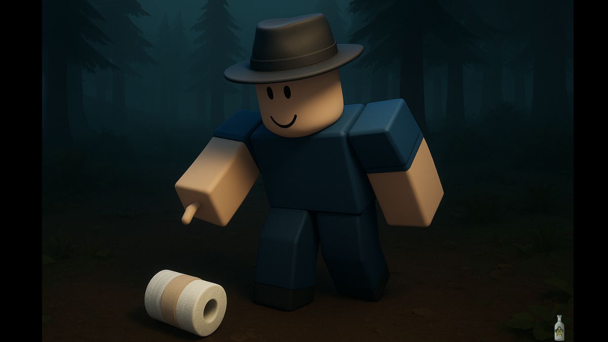 A 3D rendered image of a Roblox character standing in a dark forest, pointing at a roll of toilet paper on the ground. The character is wearing a dark blue shirt, pants, and a black fedora.