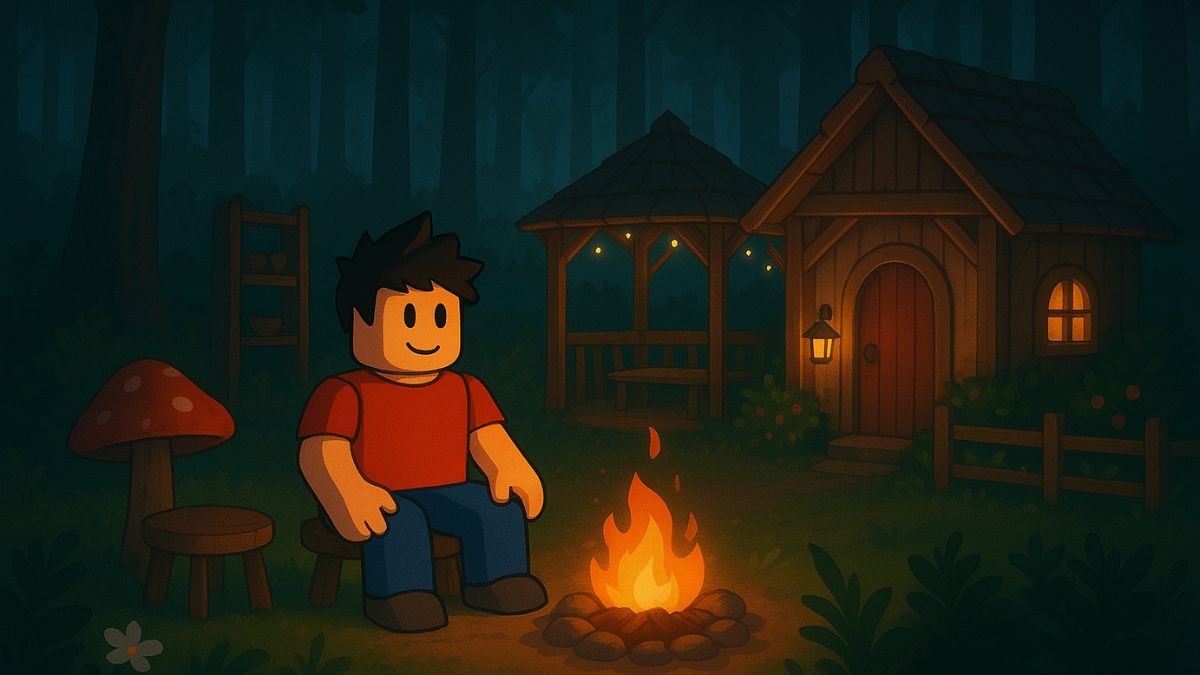 A Roblox character sits by a campfire in a dark forest, with a cozy wooden cabin and a lit gazebo behind them, showcasing the new decoration features of the "99 Nights in the Forest" game update.