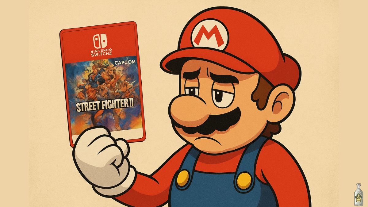 A cartoon illustration of a sad-looking Mario holding a red Nintendo Switch 2 game case for "Street Fighter II." The case is labeled "GAME-KEY CARD," signifying the controversial new distribution model.
