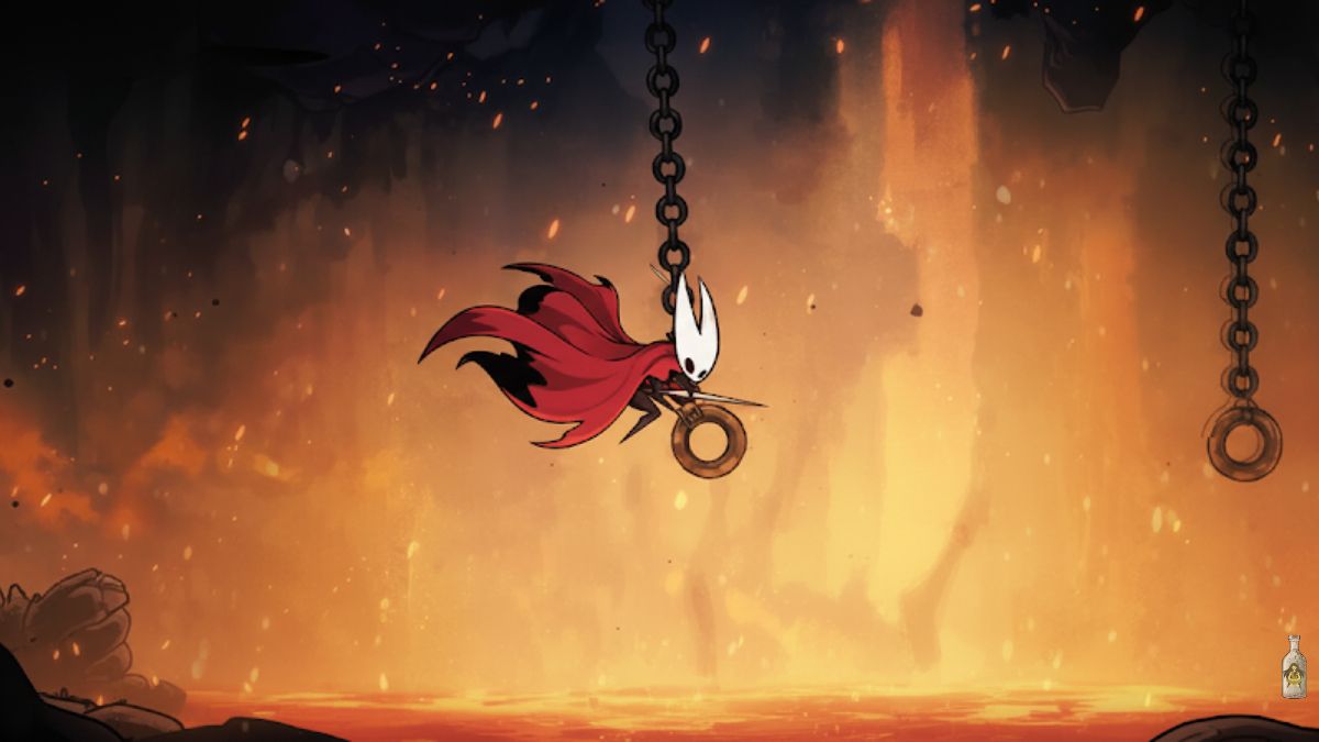 The character Hornet from Hollow Knight: Silksong using the Clawline Grappling Hook to swing from a ring over a fiery, lava-filled landscape.
