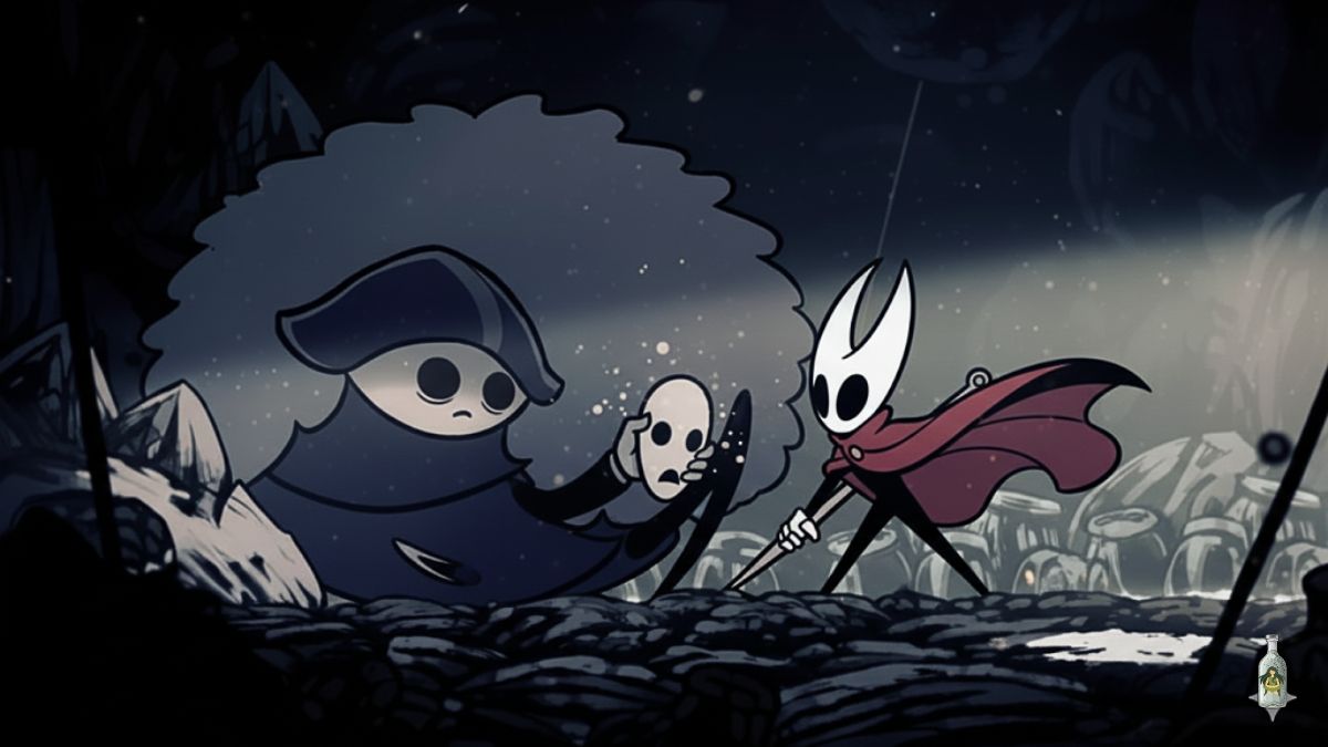 Hornet stands poised, holding her needle with a flowing silk thread, in a fighting stance from the game Hollow Knight Silksong.