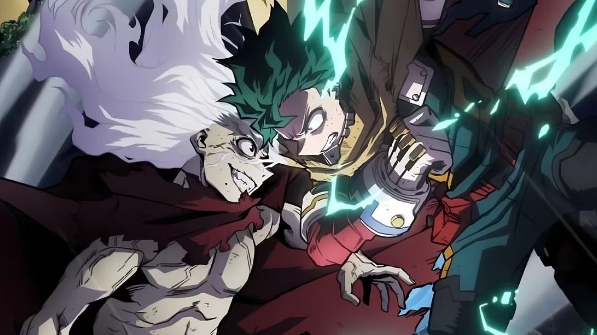 Dynamic key art for My Hero Academia Season 8, featuring the protagonist Izuku "Deku" Midoriya in a new, powerful costume, ready for his final battle against Tomura Shigaraki. The image captures the high-stakes, epic conclusion of the series.