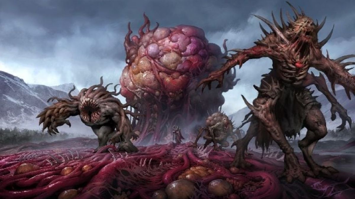 A dark, gruesome fantasy art depicting several monstrous, flesh-eating creatures and a central, large, tumor-like entity on a landscape of red, organic growth, from the Diablo Immortal Flesh Harvest update.