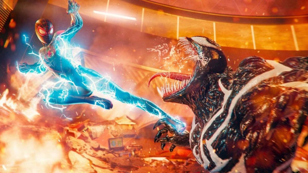 Venom battles Miles Morales in a chaotic scene from Marvel's Spider-Man 2, showcasing the game's combat system.