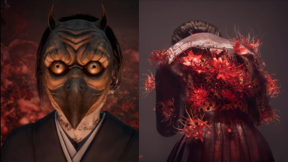 A split image showing a masked figure with glowing eyes on the left, and the back of a figure adorned with vibrant red spider lilies on the right, from Silent Hill f.