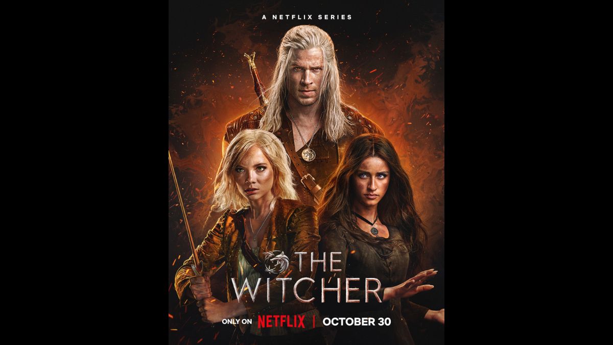 A promotional poster for "The Witcher" featuring the three main characters: Geralt of Rivia (Liam Hemsworth), Ciri, and Yennefer. Geralt, with white hair and a sword on his back, stands at the top, while Ciri and Yennefer stand below him. The poster highlights the show's title, "The Witcher," and notes that it's "A Netflix Series" with a release date of "October 30."