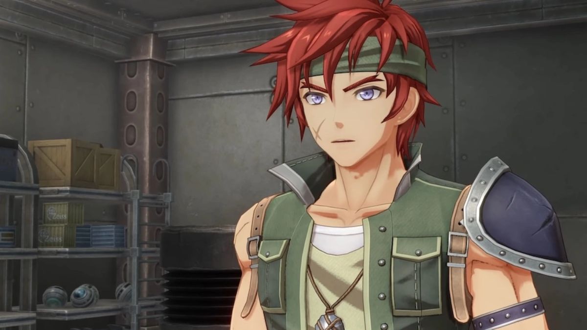 A close-up shot of a male character from the game "The Legend of Heroes: Trails in the Sky 1st Chapter." He has spiky red hair, a green headband, and is wearing a green vest over a white undershirt. His expression is serious as he looks to the side.
