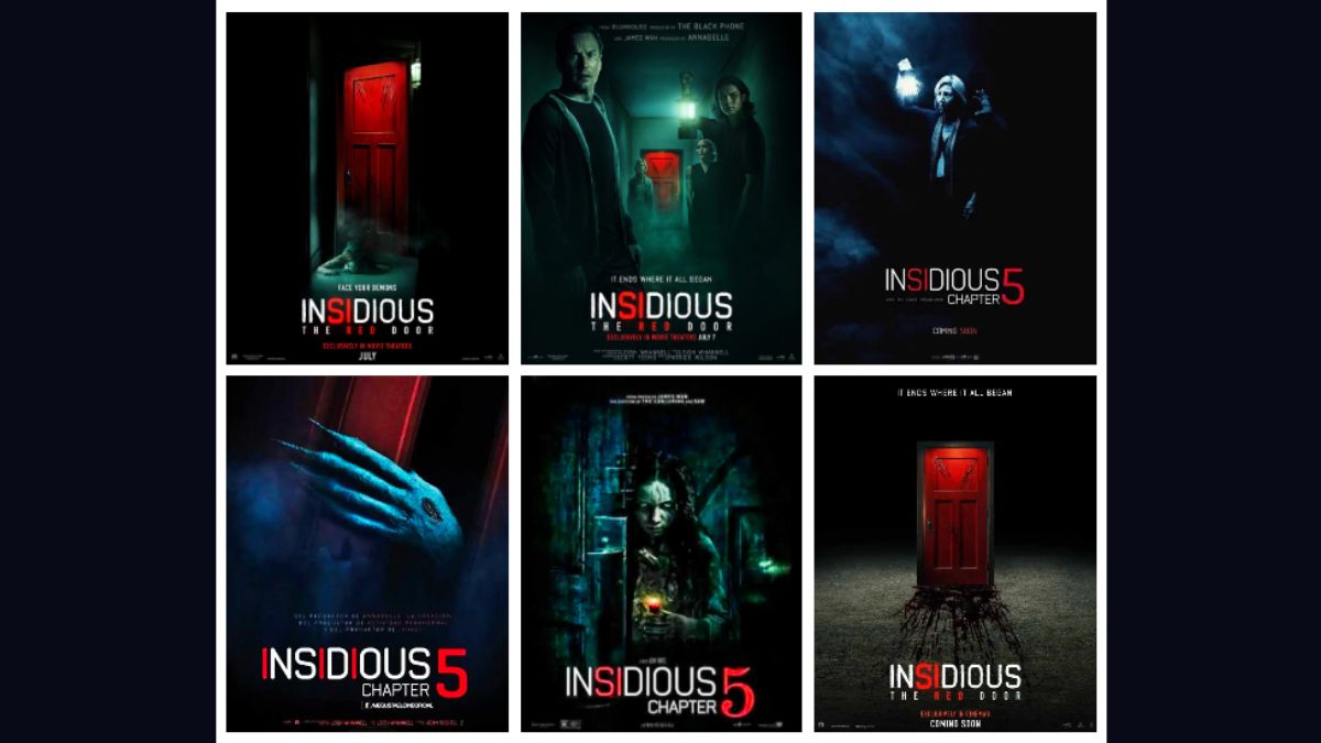 A six-panel collage of various movie posters for Insidious: The Red Door. The posters feature different designs, but the common theme is a red door, a key element of the film, and the title "Insidious Chapter 5: The Red Door."