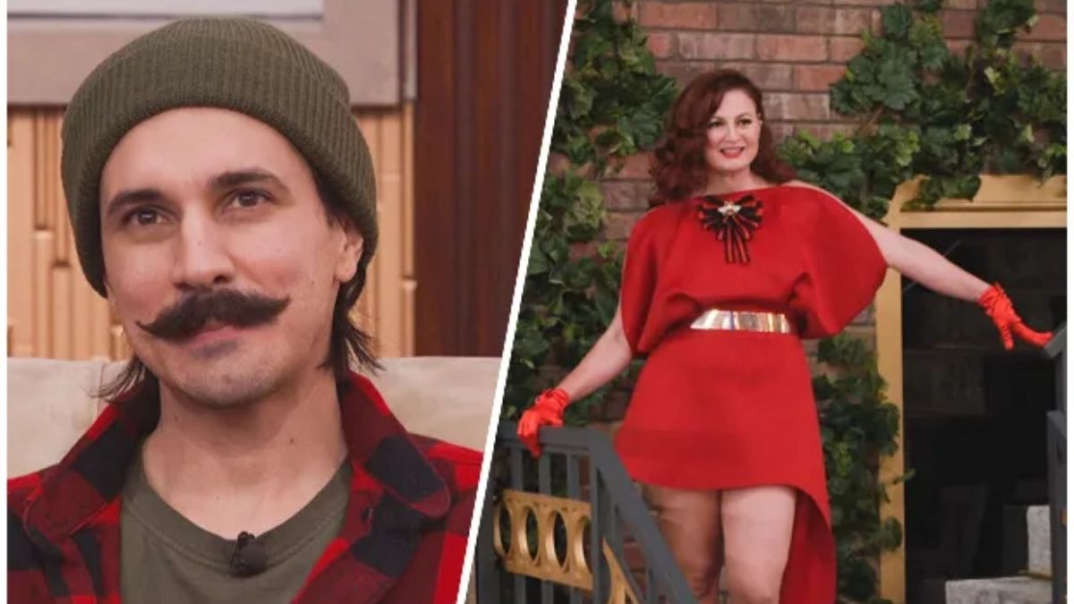 A split-screen image showing Big Brother 27 contestant Vince Panaro with a mustache and beanie, and another contestant, Rachel Reilly, in a red dress, standing on a staircase.
