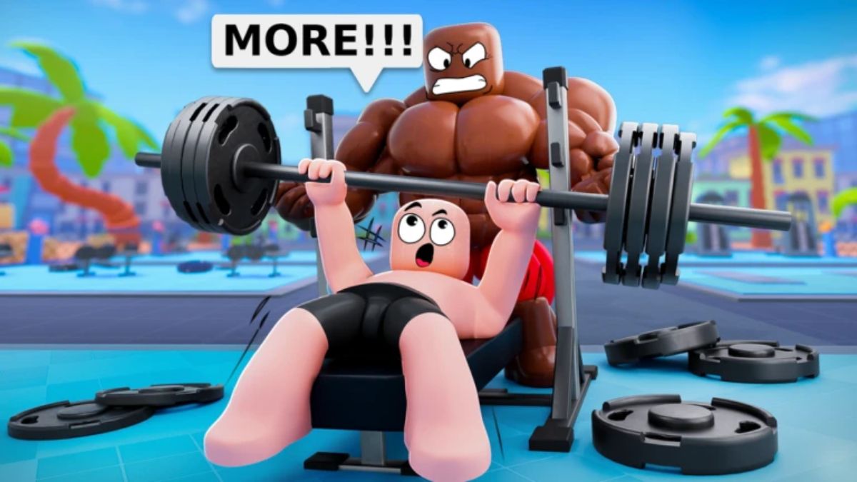 A Roblox character on a weight bench struggling to lift a barbell with a massive, muscular trainer character behind him, urging him on. The background is a bright, outdoor gym area in a tropical setting with palm trees.