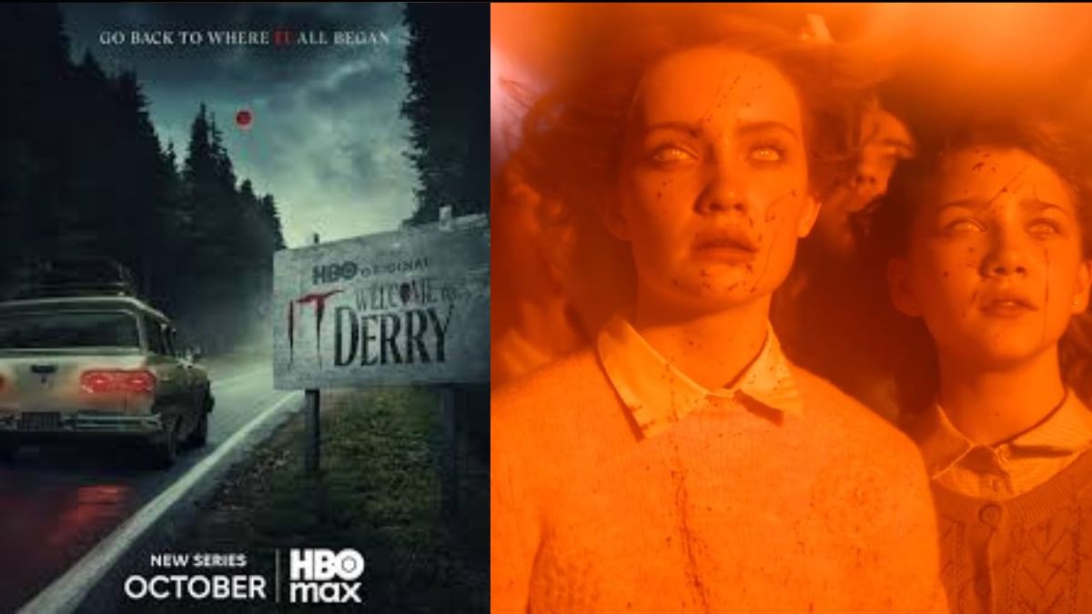 Promotional poster for "IT: Welcome to Derry" on HBO Max, showing a car arriving at a "Welcome to Derry" sign with a red balloon, alongside a horror scene of two characters with glowing eyes.