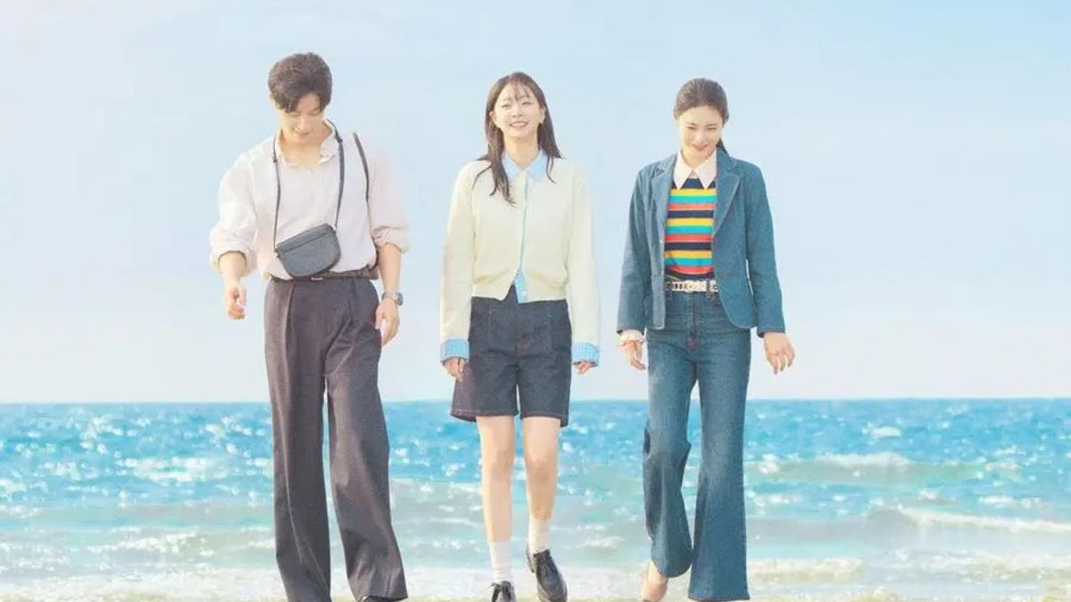romotional poster for the K-drama "A Hundred Memories" showing actors Kim Da-mi, Heo Nam-jun, and Shin Ye-eun walking together with a sea/sunset background, symbolizing their reunion seven years after a painful separation.