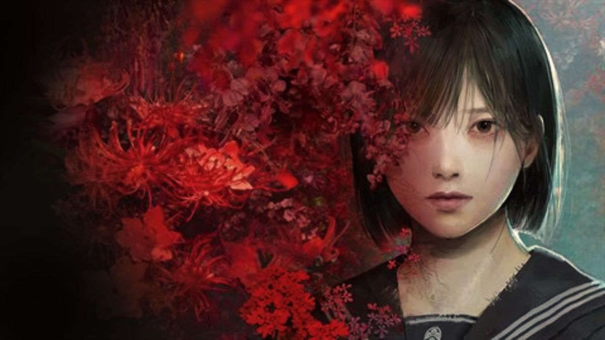 Silent Hill f key art featuring protagonist Hinako Shimizu surrounded by dark red spider lilies, emphasizing the game's Japanese psychological horror setting."