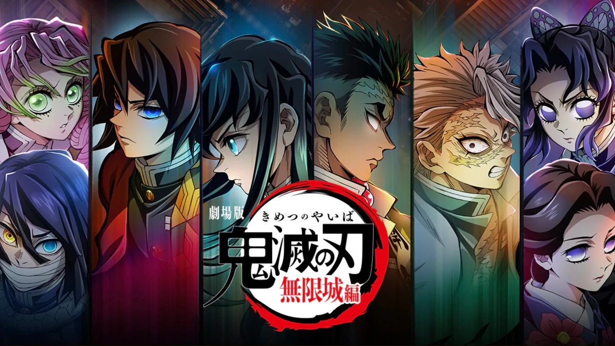 The main cast of Demon Slayer, the Hashira, stand together against a backdrop of a movie poster for the Infinity Castle Arc film.