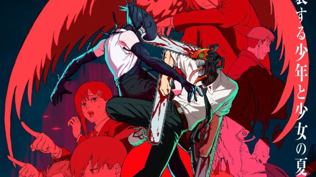 Chainsaw Man The Movie Reze Arc poster featuring Denji as Chainsaw Man, Reze in her human form, and other key characters like Makima in a dynamic red-toned anime illustration.