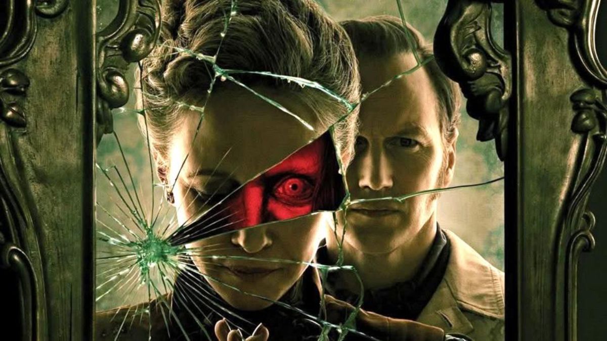 Movie poster for The Conjuring: Last Rites, featuring Patrick Wilson and Vera Farmiga as Ed and Lorraine Warren, with a broken mirror and a demonic eye.