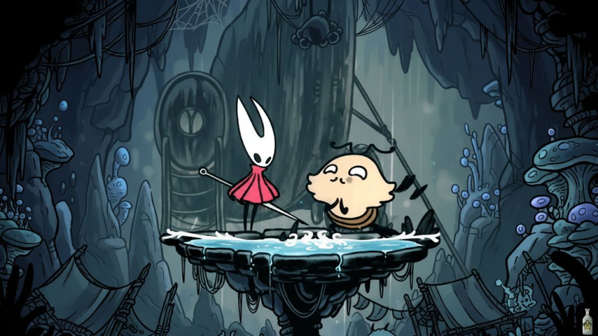 The Flea Caravan from Hollow Knight: Silksong with Hornet bathing in a spa, watched by the character Kratt.