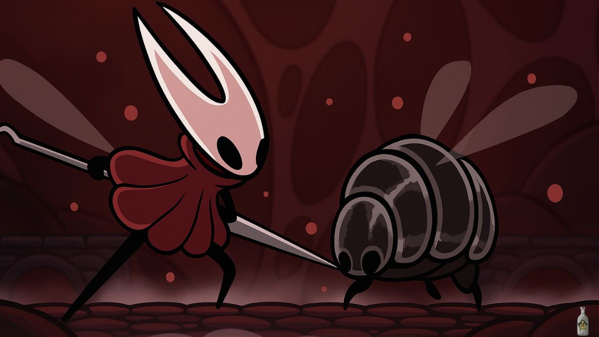 Hornet fights a Shardillard in Hollow Knight: Silksong, shown in stylized game artwork.