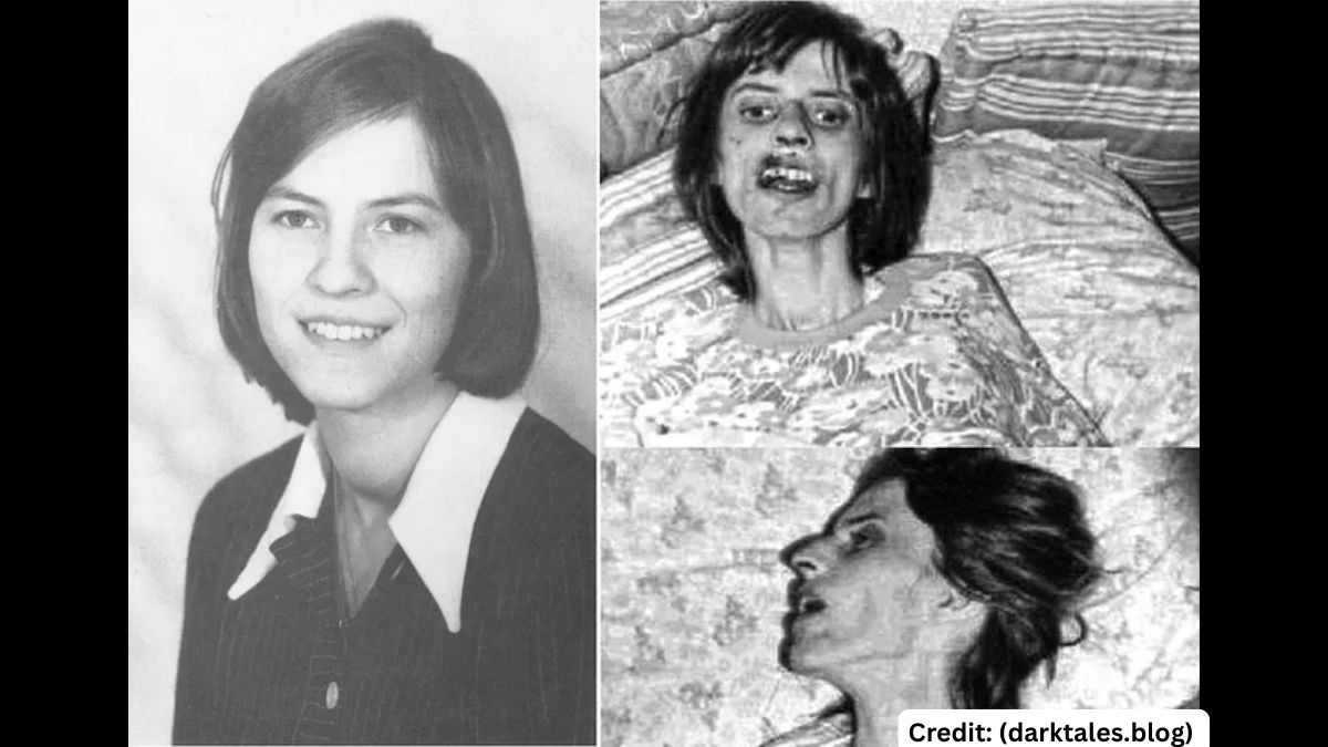 Composite photo showing a smiling Anneliese Michel before her illness, contrasted with two later images showing her severely emaciated and suffering face during her alleged possession.