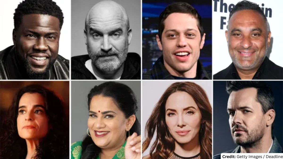 Headshots of top international comedians including Kevin Hart, Tom Segura, Pete Davidson, and Maz Jobrani, part of the controversial Riyadh Comedy Festival 2025 lineup facing human rights scrutiny.