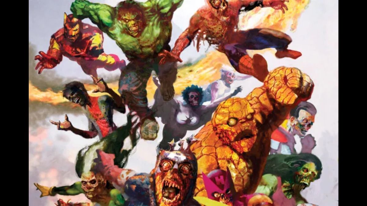 A dramatic poster for the animated horror series Marvel Zombies, showing zombified versions of iconic superheroes, including Hulk, Spider-Man, The Thing, and Iron Man, flying or leaping in a chaotic scene. This image promotes the show coming to Disney Plus.