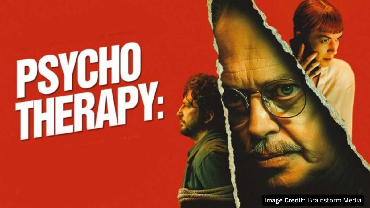 Movie poster for "Psycho Therapy" featuring a torn red background revealing John Magaro, Steve Buscemi, and Britt Lower, with the title "PSYCHO THERAPY".