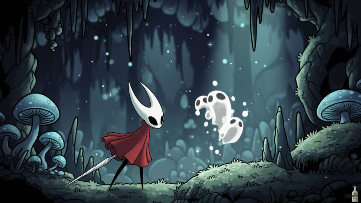 Image 1: Hornet in Bilewater Alt Text: Hornet, the main character from Hollow Knight: Silksong, faces a ghostly, glowing creature in the fungal cave area known as Bilewater. Hornet, a white-masked figure with a red cloak, holds a long needle sword. The background is a dark cavern filled with glowing blue mushrooms, stalactites, and shimmering light particles.