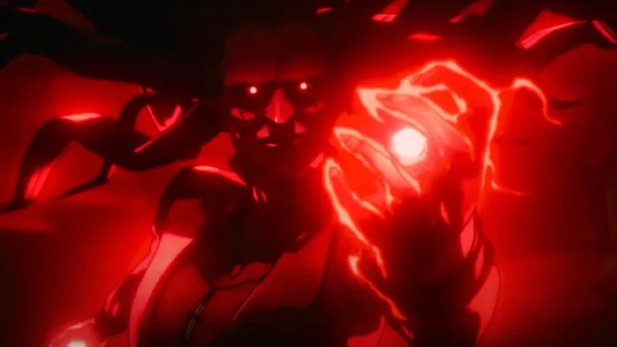 Marvel character in a dark, red-lit scene, extending a hand glowing with chaos magic.