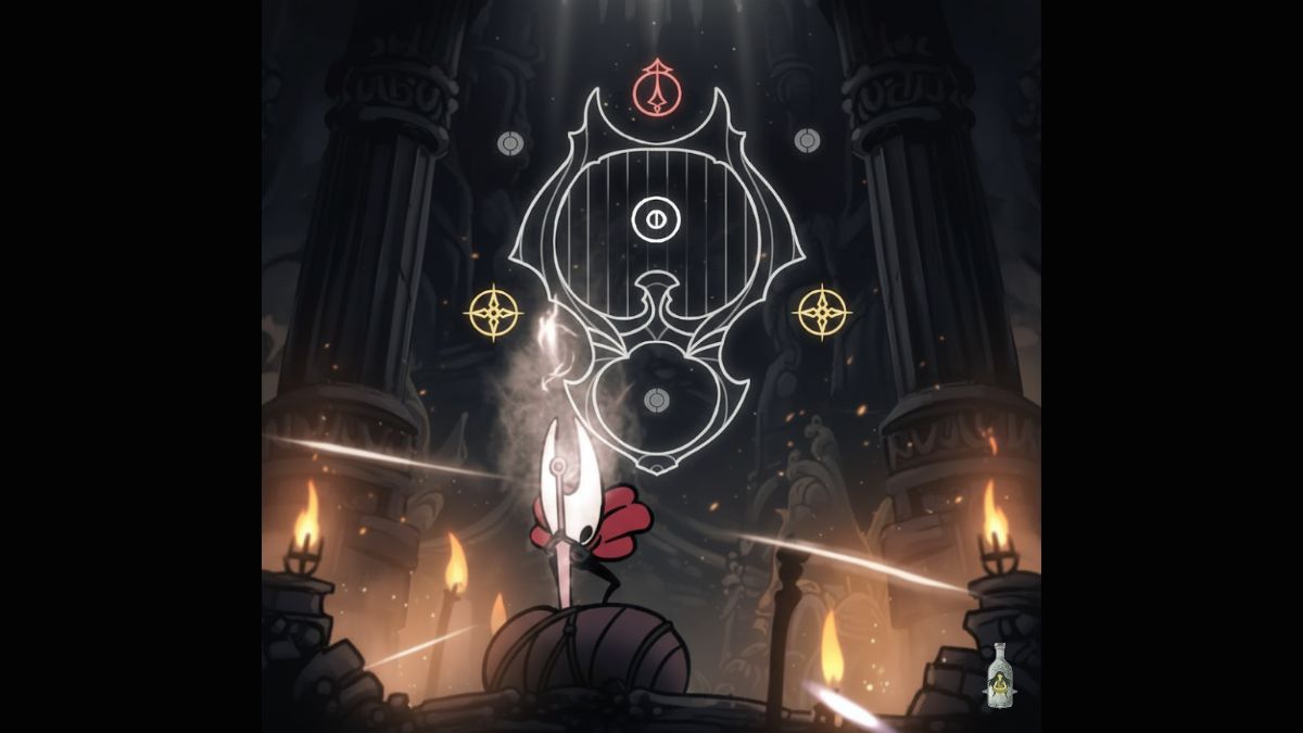 A full-screen in-game image from Hollow Knight: Silksong showing Hornet, the main character, standing on a round platform. Above her is the large, glowing outline of the Wanderer Crest. The crest is an ornate, lyre-like design with a small circular emblem at its center. The scene is set in what appears to be a chapel with tall, ornate columns and candelabra with lit flames on both sides, creating an atmosphere of reverence and ceremony. The screen is filled with a soft glow, and the overall color palette is dark and moody with highlights of red and gold.