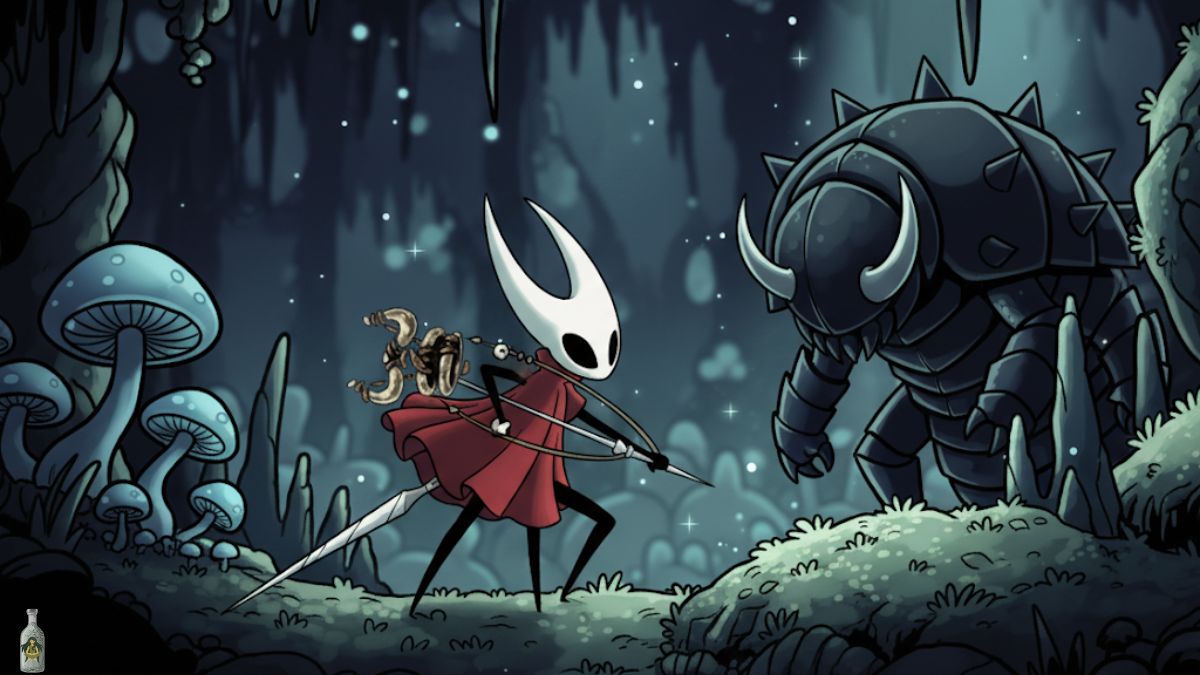 Fanart by Backyard Drunkard of the video game "Hollow Knight: Silksong," depicting the protagonist, Hornet, holding her needle and standing in a mossy, bioluminescent cave while facing a large, horned beetle-like enemy.