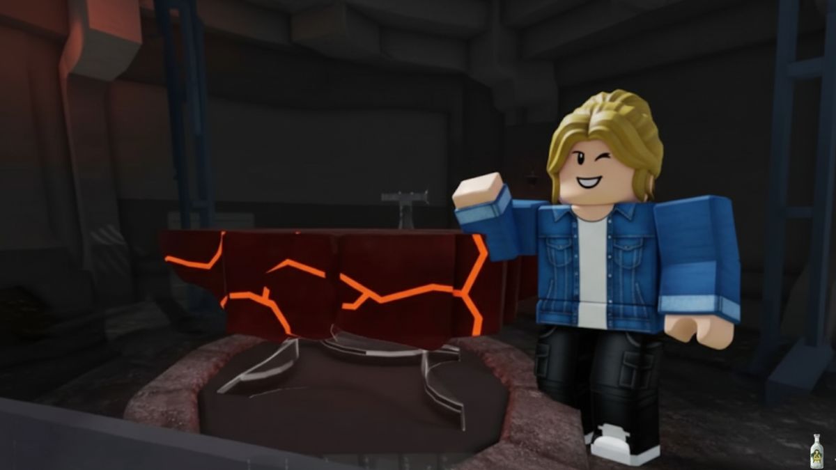 A Roblox character standing next to the glowing red and orange cracked Lava Anvil, giving a thumbs-up.
