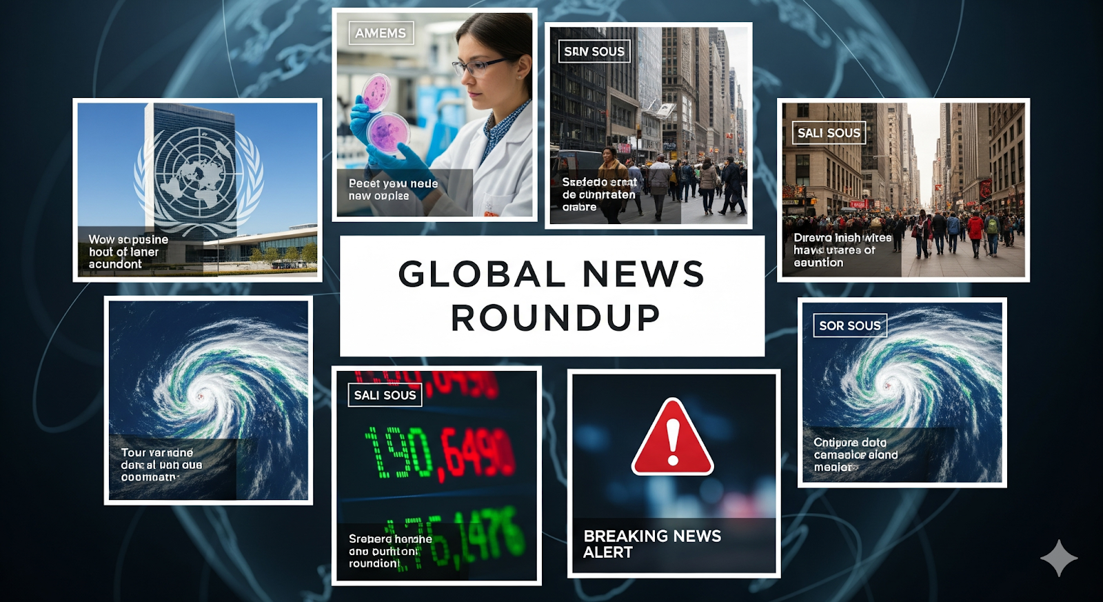 A visual montage titled "Global News Roundup" with various inset images representing different news stories, including stock market figures, a laboratory with a scientist, a large crowd of people, a hurricane, and a breaking news alert symbol.