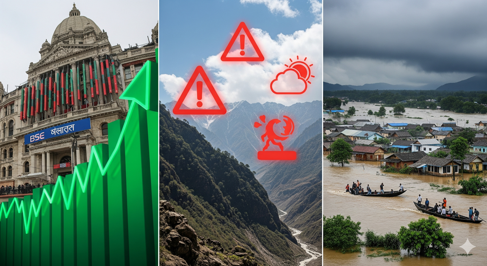A triptych collage showing three different news highlights. The left panel shows a stock exchange building with a superimposed green upward arrow chart. The center panel depicts a mountain range with red alert icons for danger, clouds, and a landslide. The right panel shows a village submerged in floodwaters with a boat carrying people.