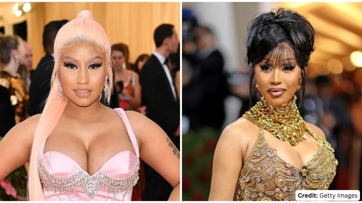 Headshots of rap queens Nicki Minaj (left) in a pink bustier and Cardi B (right) in a golden necklace and dress, who are engaged in an explosive X clash over album sales and their legacies in female hip-hop.