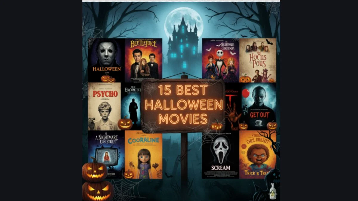 A collage of movie posters for the 15 Best Halloween Movies, including classics like Halloween, Psycho, The Exorcist, Beetlejuice, The Nightmare Before Christmas, Scream, Coraline, and Get Out.