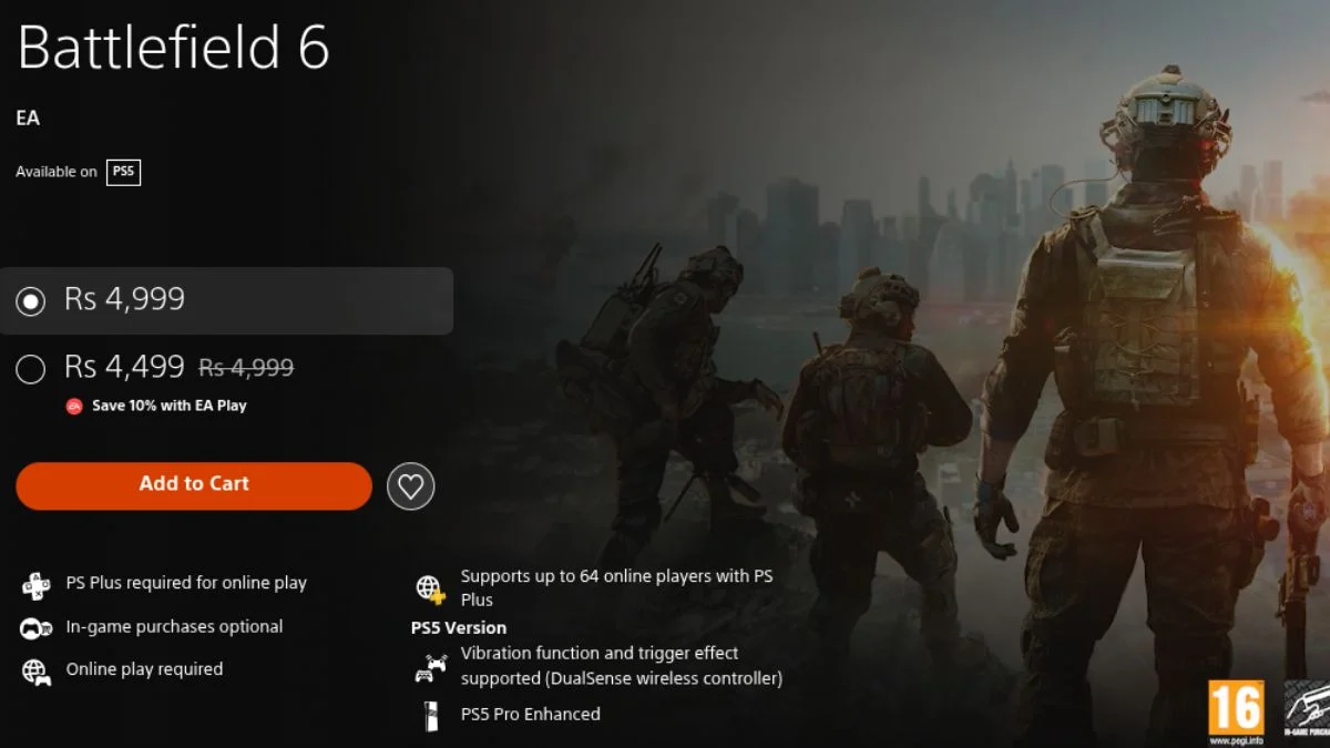 PlayStation Store page for Battlefield 6 on PS5, showing the price of Rs 4,999 and explicitly stating "PS Plus required for online play" and "Supports up to 64 online players with PS Plus" next to an image of a soldier.