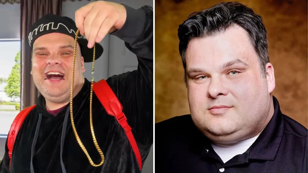 Two images of Steve Bridges: one on the left shows him smiling in a black tracksuit holding a gold chain, and the right shows his professional headshot.