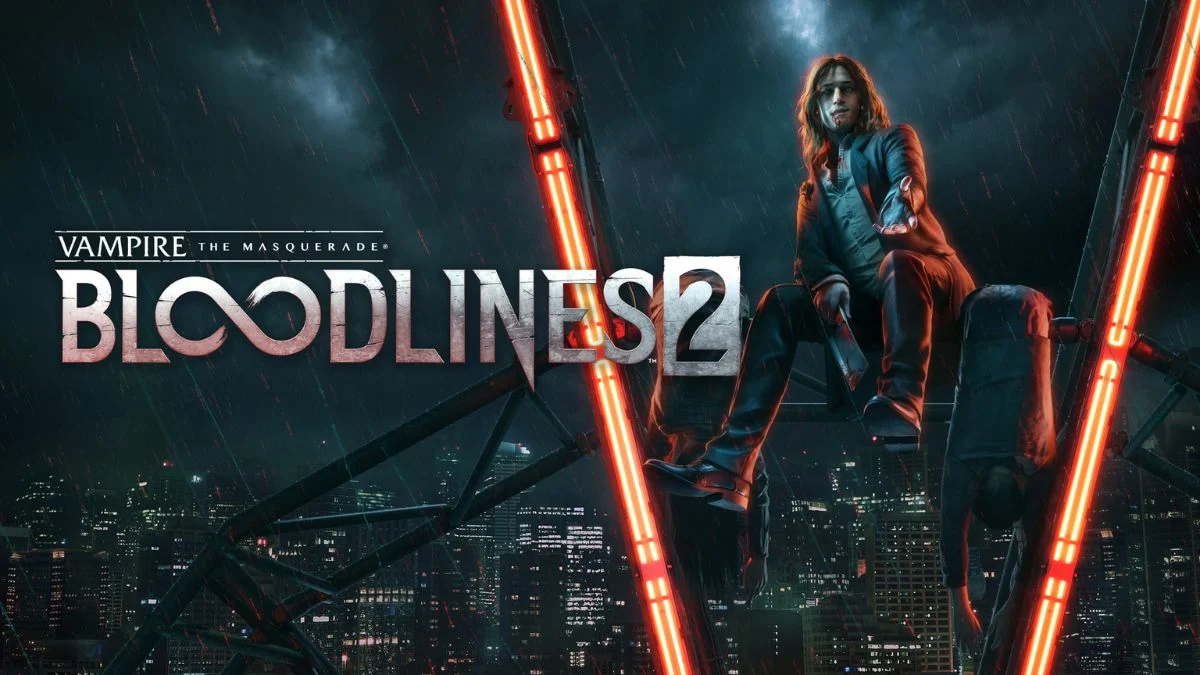 Promotional key art for Vampire: The Masquerade – Bloodlines 2 showing the player character, Phyre, sitting on a construction crane high above a rain-slicked, neon-lit Seattle skyline with the game logo prominently displayed.