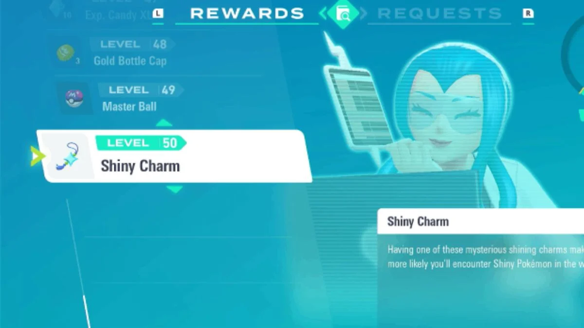 Pokémon Legends Z-A in-game screenshot showing the rewards menu, highlighting the 'Shiny Charm' as the Level 50 reward.
