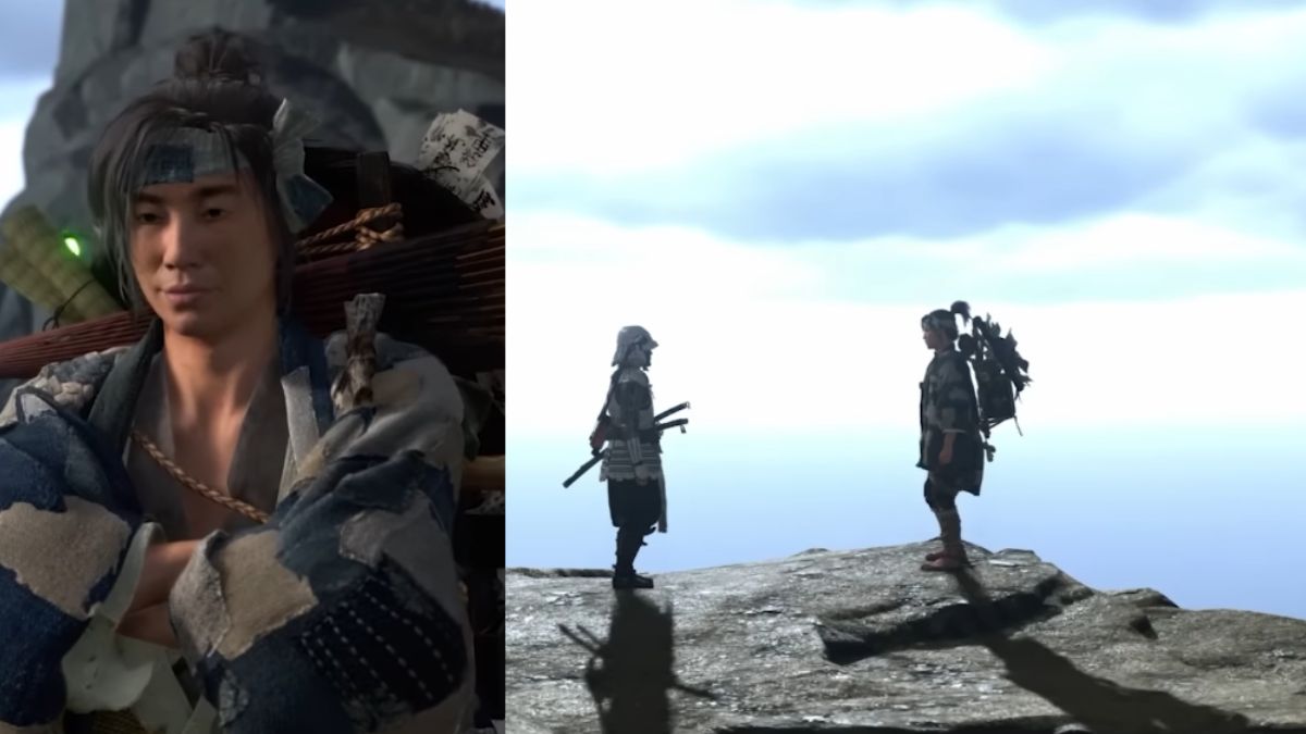 A split image showing a close-up of Ugetsu the Storyteller (left) and a full view of Atsu facing him on a rocky clifftop (right), marking the beginning or end of the tale.