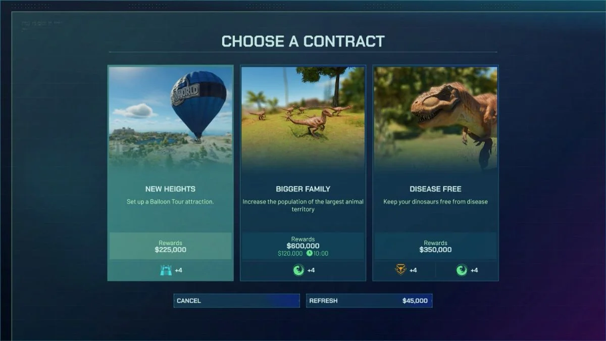 How do Contracts work in Jurassic World Evolution 3?