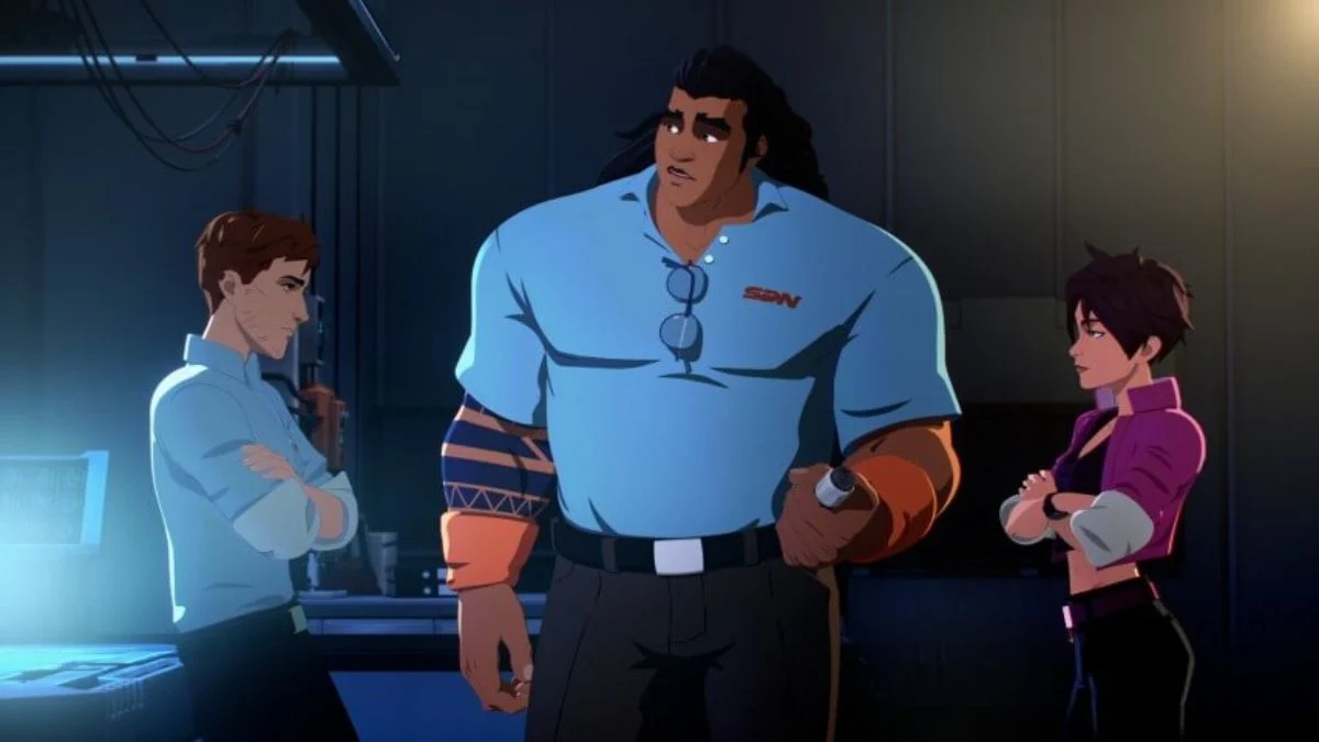 Three main characters from the game Dispatch, a tall man in a blue SDN polo shirt, a man with his arms crossed, and a woman with her arms crossed, standing in a dimly lit, high-tech interior.