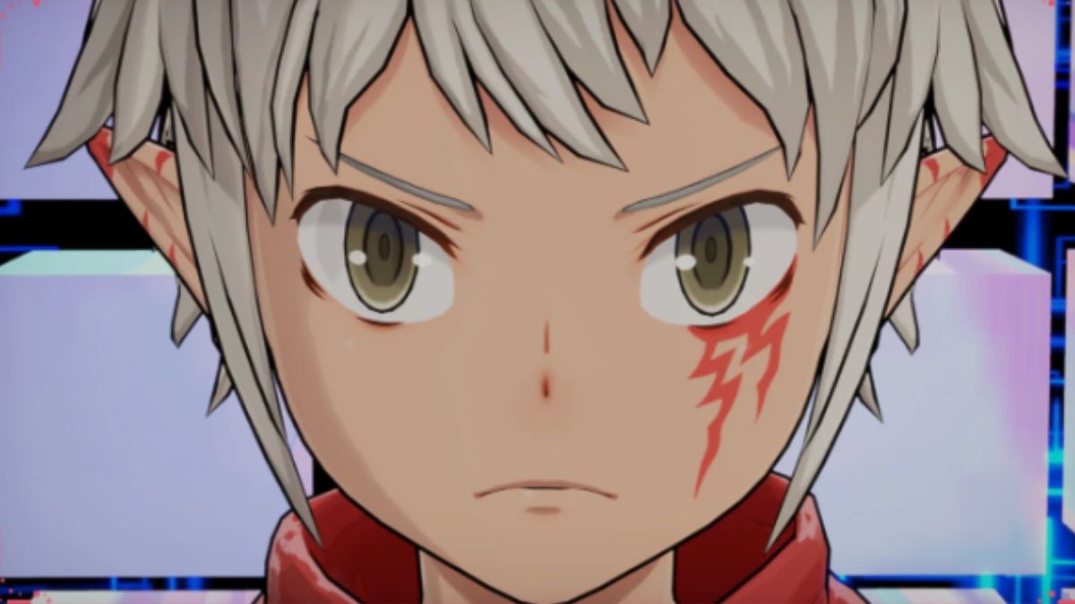 Close-up of the protagonist's face in Digimon Story Time Stranger, showing their determined expression, white hair, and the distinct red scar or symbol on their cheek, highlighting the game's new visuals.