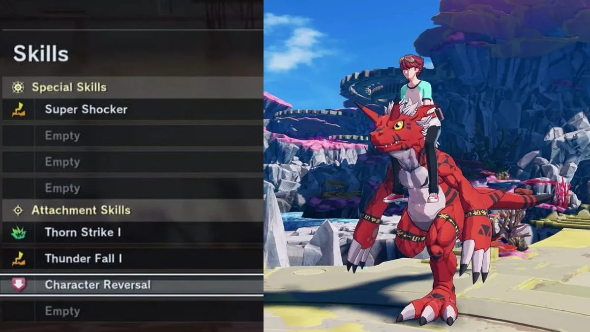 Split image showing the Digimon skill menu with 'Character Reversal' selected on the left, and a player character riding a red, reptilian Digimon (likely a Coredramon or similar) on the right.