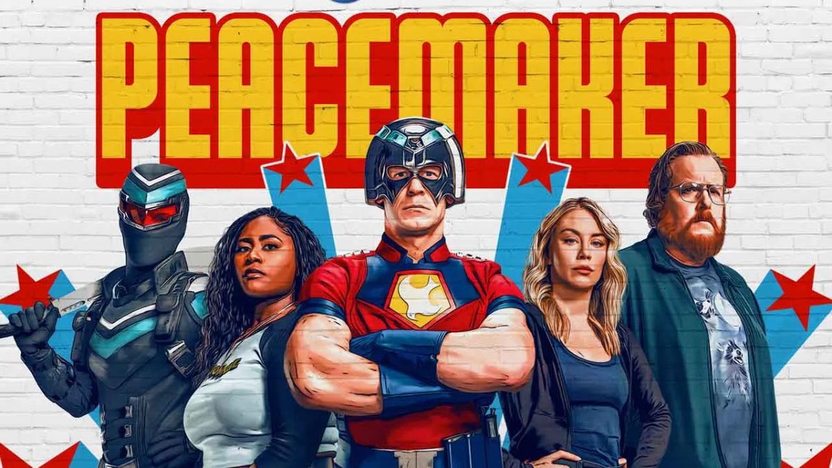 A promotional poster of the Peacemaker team, featuring John Cena as Peacemaker at the center, flanked by Vigilante, Adebayo, Harcourt, and Economos.