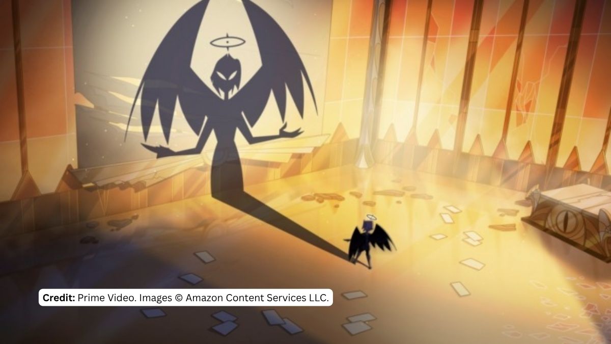 A dramatic animated scene from Hazbin Hotel showing a small, dark angel character in a golden room casting a large, menacing, winged devil shadow on the wall, symbolizing hypocrisy in Heaven.