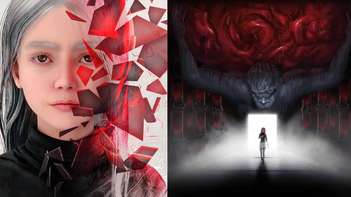Promotional image for Psycho Dead featuring a two-panel design: on the left, a close-up of protagonist Elixia's face visually shattering with red, crystalline shards; on the right, the ominous laboratory corridor.