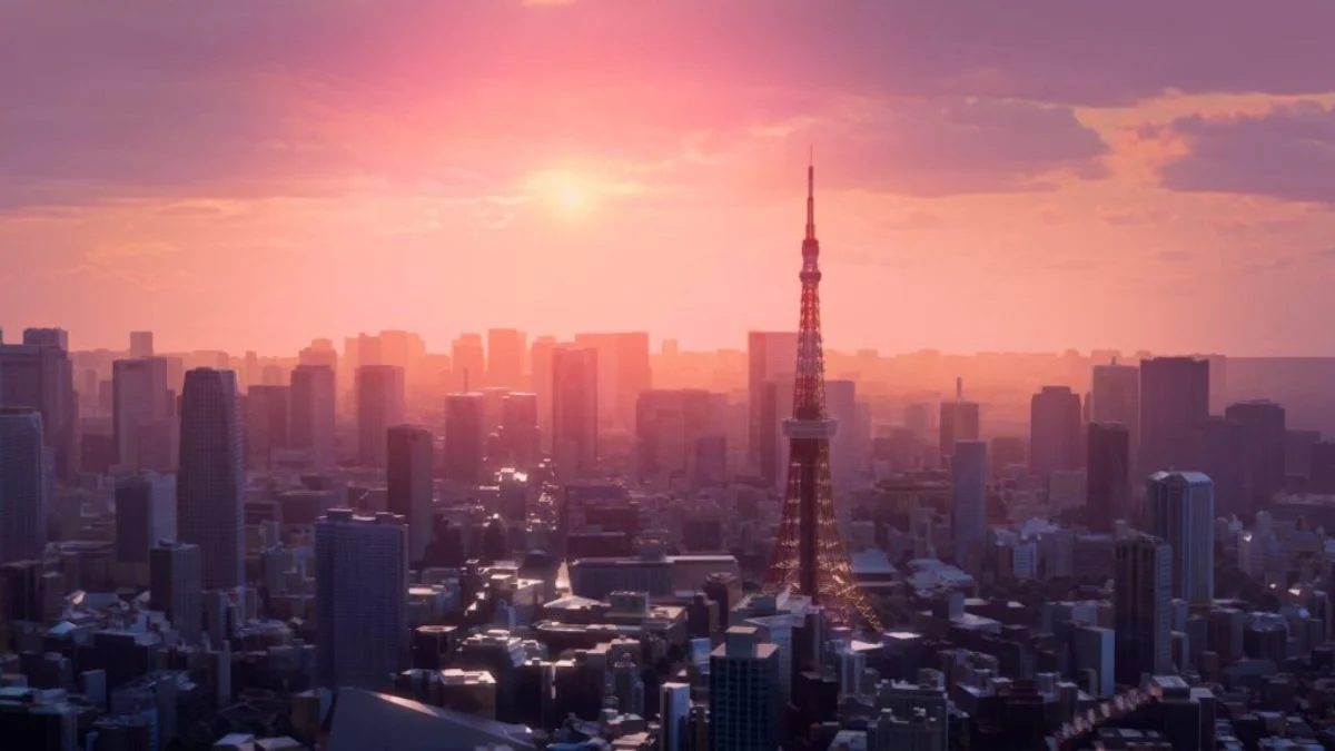 Dissidia Final Fantasy mobile environment artwork showing a stylized, futuristic city skyline at sunset, with a prominent communications tower.