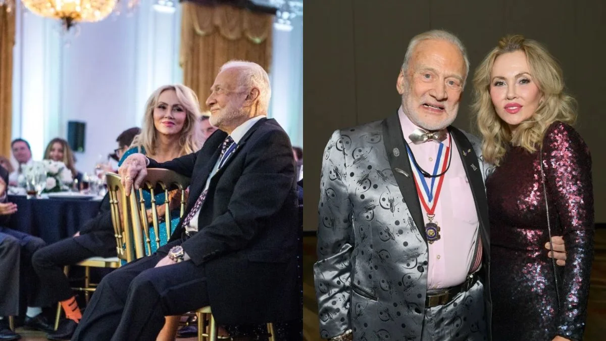 Composite image of Buzz Aldrin and his wife Anca Faur at formal events before her death, showing her elegant style and their loving partnership.